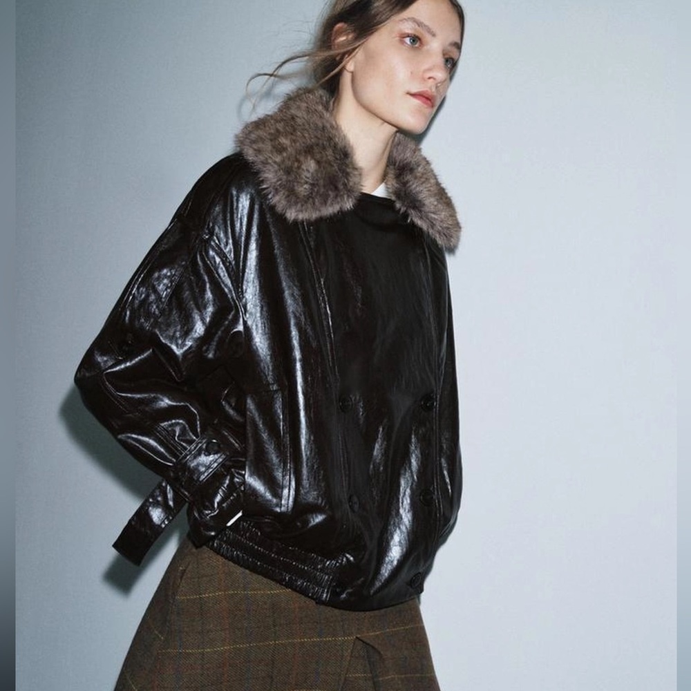 Zara Shiny Faux Fur Collar Jacket ZW Collection